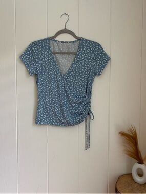 Blue Floral Wrap Crop Top with Side Tie